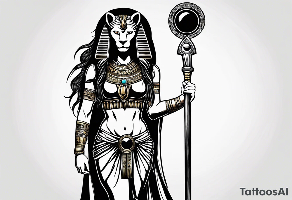 Full body from head to toe of Ancient Egyptian goddess sekhmet, lioness head with black sun disk above her head and woman's body. She looks straight ahead and ready for battle looking fearless and powerful holding an ankh in one hand and a papyrus sceptre in another, she has long hair flowing tattoo idea
