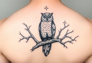 wise owl perched on ancient oak branch under starlit sky tattoo idea