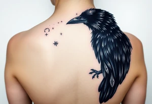 Raven with starry sky background with zodiac constellations in it with runes in sky tattoo idea