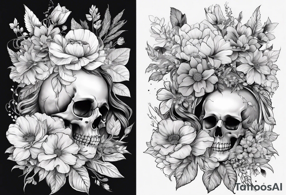 a female skeleton include head torso and legs surounded by hiubiscus flowers tattoo idea