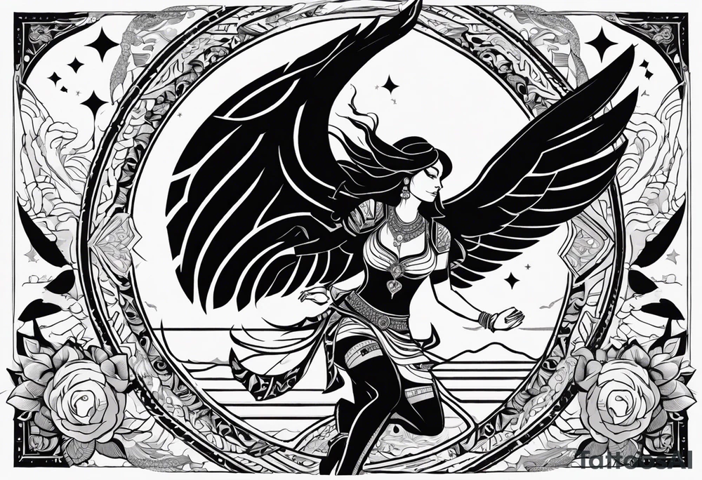 black kali, goddess pirate, alien, angel, pachamama, valkrye, warrior, flying, skull, lotus azul, wing, eagle, zenza resonance, stars, 5D, anahata chakra, death, durga, riding on a tiger, flying lady tattoo idea