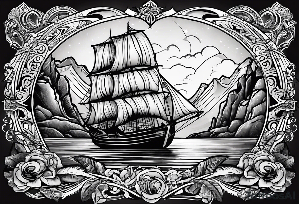 A tattoo with the word "HARK" include images related to rock climbing, traveling, and lakes. tattoo idea