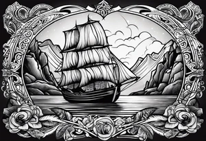 A tattoo with the word "HARK" include images related to rock climbing, traveling, and lakes. tattoo idea