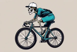 Lifelike skeleton wearing licra and cap rides a road bicycle. The skeleton is grinning at the viewer. There is no background image tattoo idea