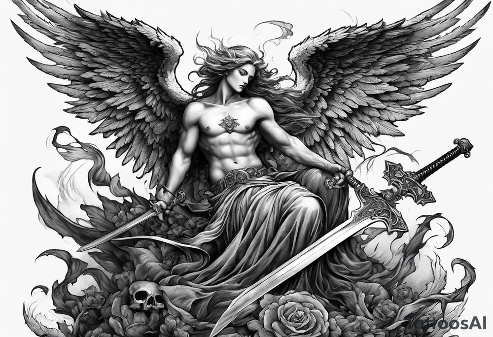 Angel with long sword on a pile of dead demons tattoo idea