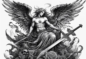 Angel with long sword on a pile of dead demons tattoo idea