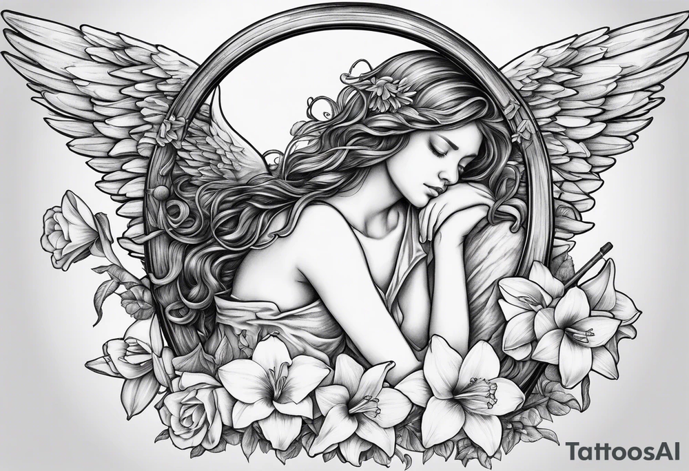 sad angel on swing with sagging wings, with head down with face covered by hair surrounded by lily, daffodil, rose, daisy, narcissus tattoo idea