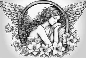 sad angel on swing with sagging wings, with head down with face covered by hair surrounded by lily, daffodil, rose, daisy, narcissus tattoo idea