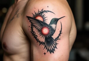 A hummingbird with one wing made of light (sun disc) and the other made of shadow (crescent moon) (red and black only) tattoo idea