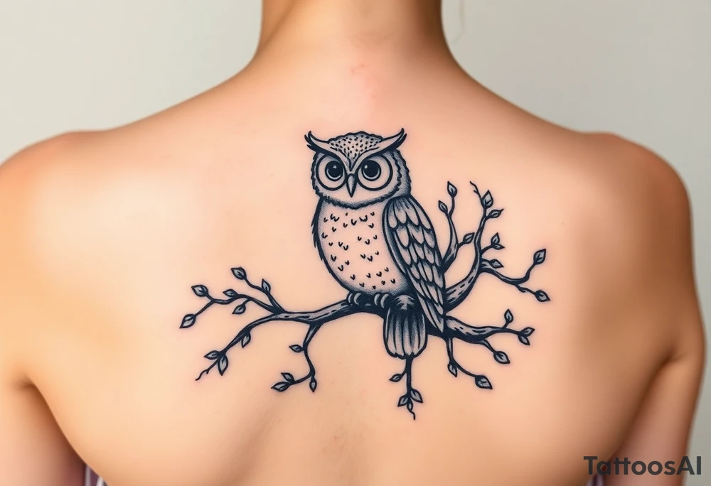 wise owl perched on ancient oak branch under starlit sky tattoo idea