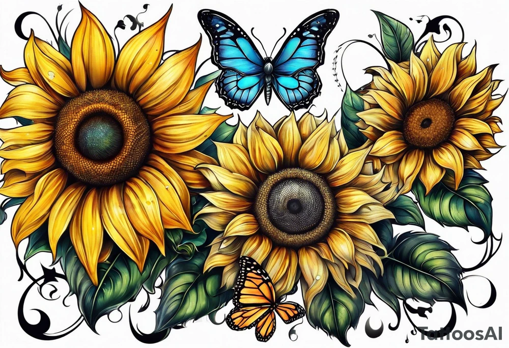 Sunflower and butterfly leg sleeve tattoo idea