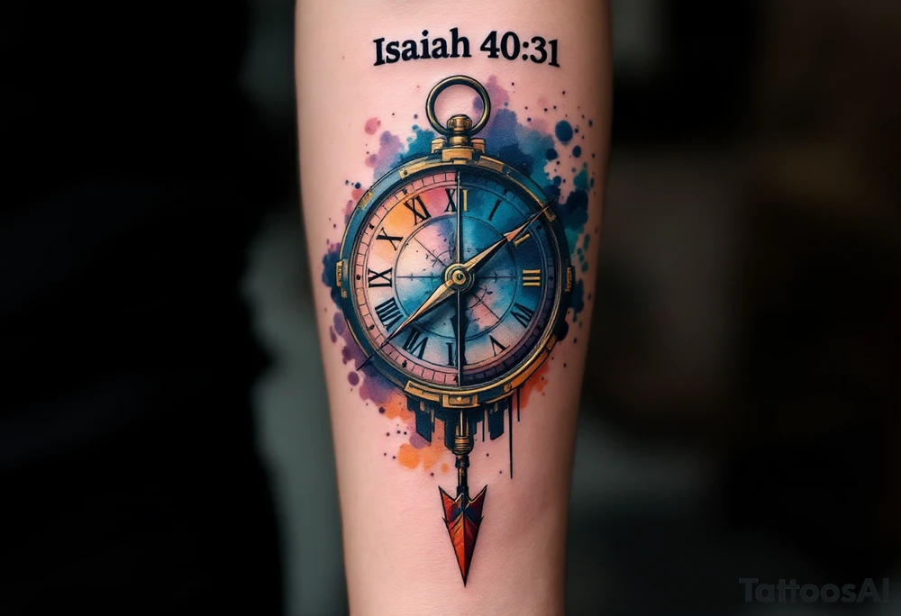 steampunk half compass half clock with a full length arrow pointing at my wrist and saying "Isaiah 40:31" tattoo idea