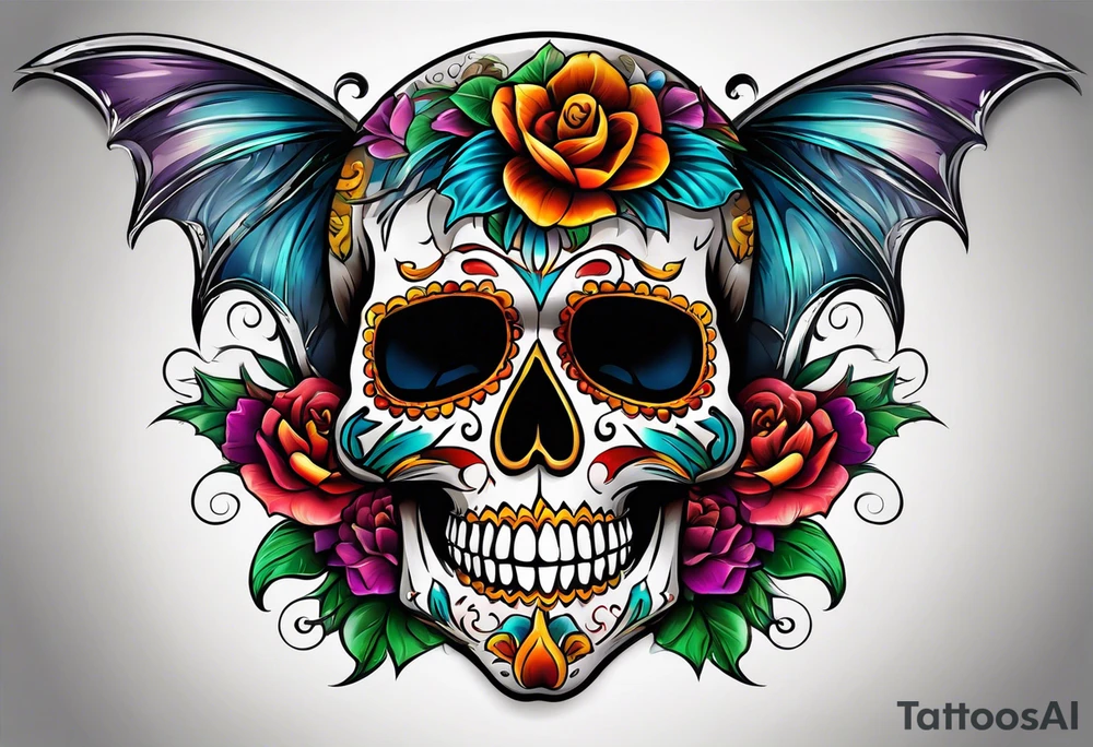 Colorful Mexican skull with bats and water tattoo idea