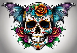Colorful Mexican skull with bats and water tattoo idea
