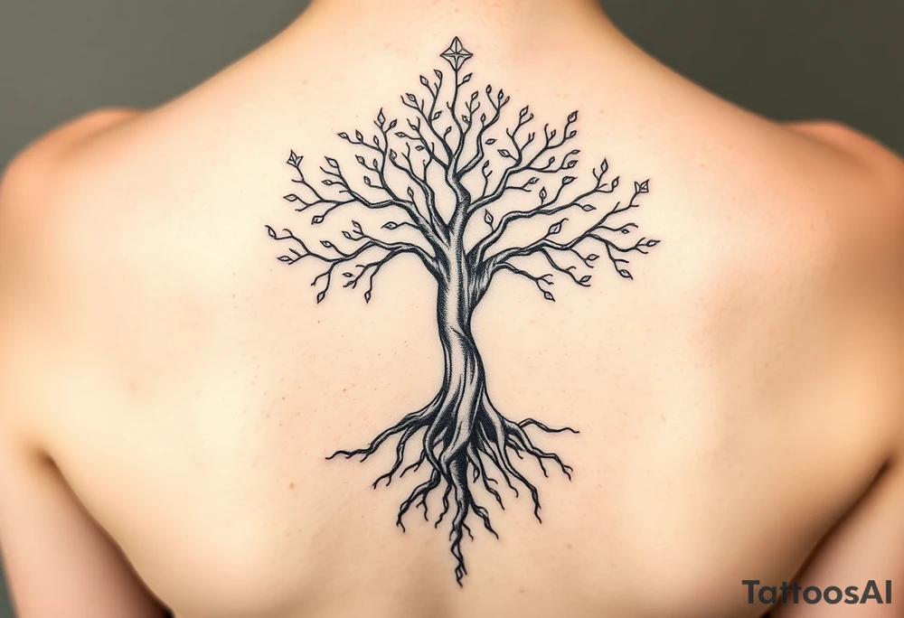 mystical tree of life with cosmic roots and celestial branches tattoo idea