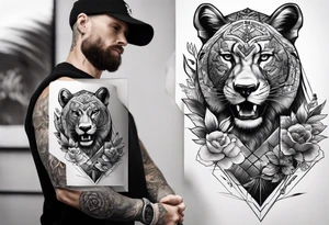 father and cub sleeve with elements showing relationship between father and son tattoo idea