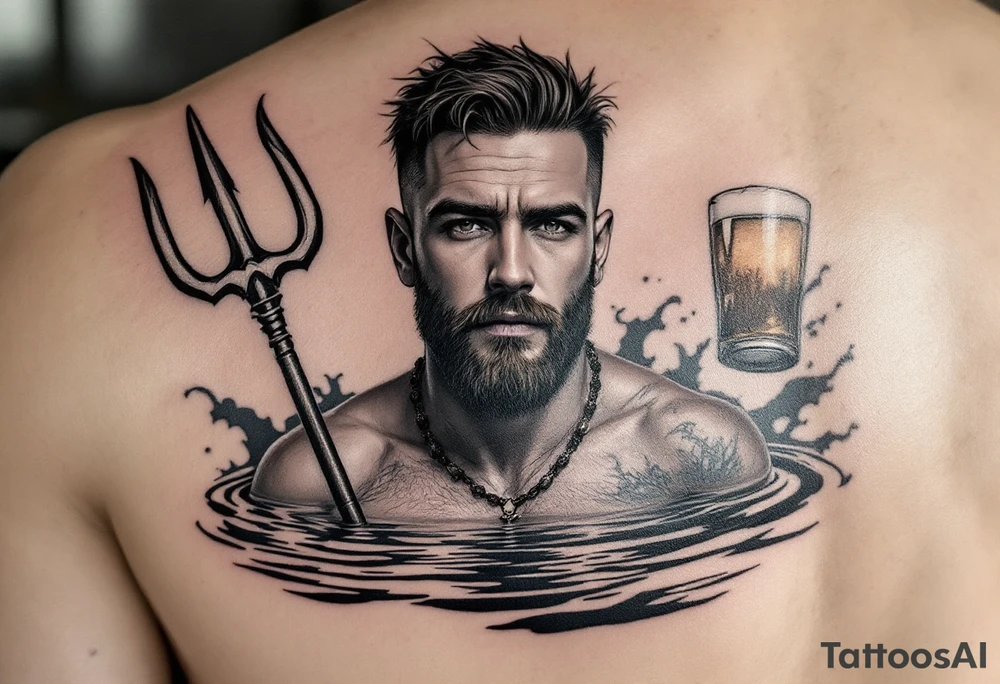 Gay guy, with no facial hairs, with trident, half way in calm water, with a beer tattoo idea