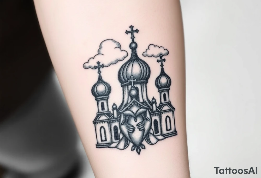 Russian Orthodox church with orthodox spire crosses, with clouds above it and a virgin mary seperately looking over hands on heart sat above tattoo idea
