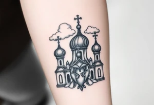 Russian Orthodox church with orthodox spire crosses, with clouds above it and a virgin mary seperately looking over hands on heart sat above tattoo idea