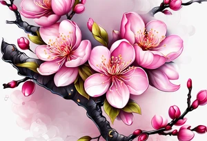 Vibrant, pink plum blossom flowers tattoo idea