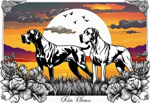 Full arm sleeve. Four Great Danes playing in field together with sunset tattoo idea