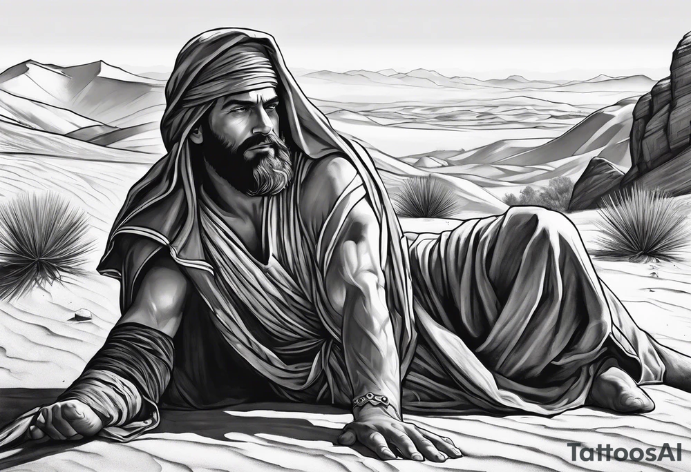 man crawling in a desert toward the cross of Christ tattoo idea