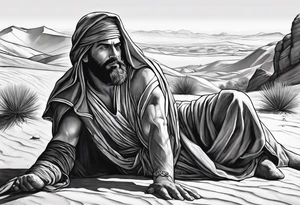 man crawling in a desert toward the cross of Christ tattoo idea