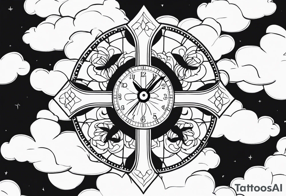 Clouds triple cross kaws flower cross clock tattoo idea