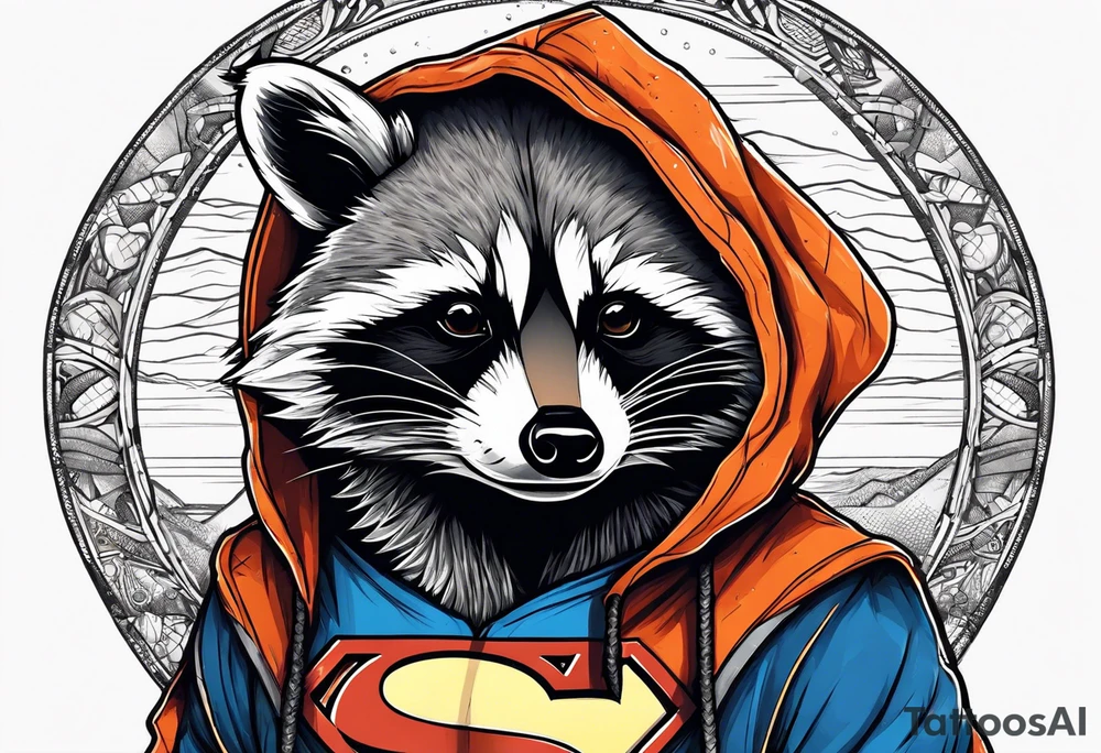 Raccoon wearing an orange Superman hoodie tattoo idea