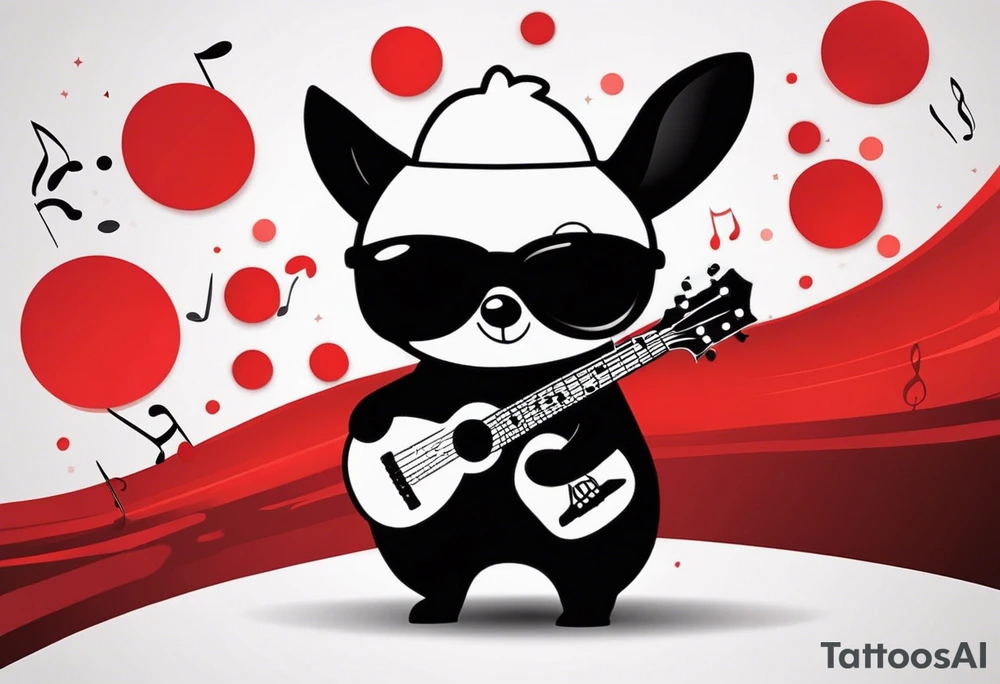 Black and white silhouette illustration of a whimsical chibi mole wearing sunglasses and holding a small red guitar-shaped object. The mole is looking upwards to the right, with its features simplified and stylized. The background is filled with abstract, glowing music note-shaped bokeh lights, creating a sense of warmth and affection. The focus remains on the mole, with the contrasting bokeh shapes enhancing the playful and dreamy atmosphere. The overall design emphasizes simplicity and charm in a striking black-and-white silhouette style. tattoo idea