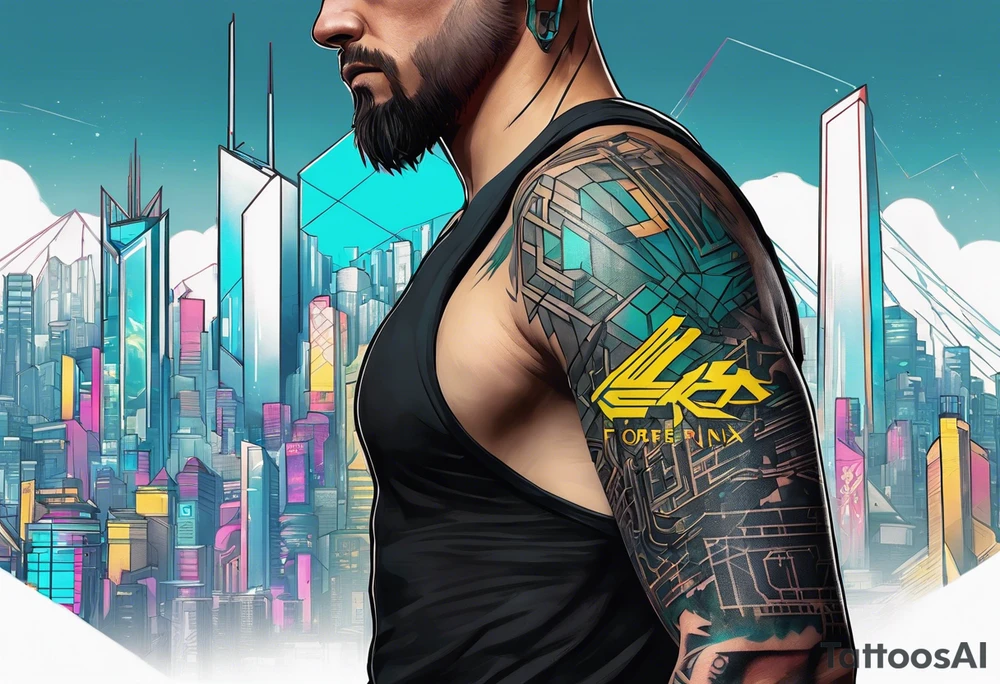 cyberpunk 2077, forearm tattoo, geometric, subtle, men, city skyline, tattoo idea