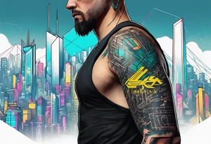 cyberpunk 2077, forearm tattoo, geometric, subtle, men, city skyline, tattoo idea