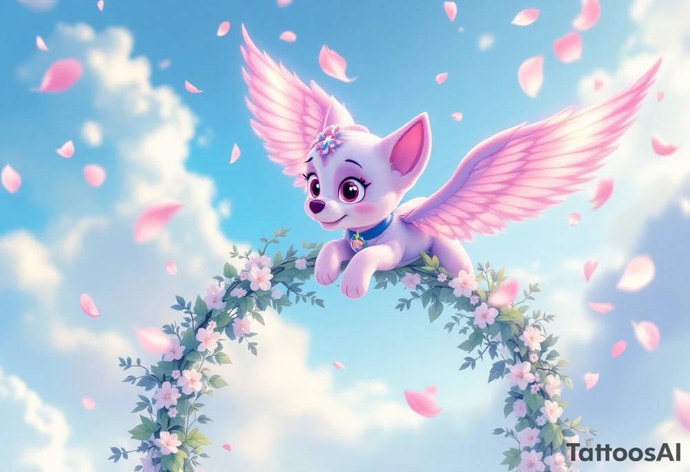 Skye from paw patrol flying gracefully above a wedding arch, her wings shimmering in soft pink and lavender hues, with delicate petals falling around her. The arch is adorned with ivy and small white flowers, symbolizing love and unity. tattoo idea