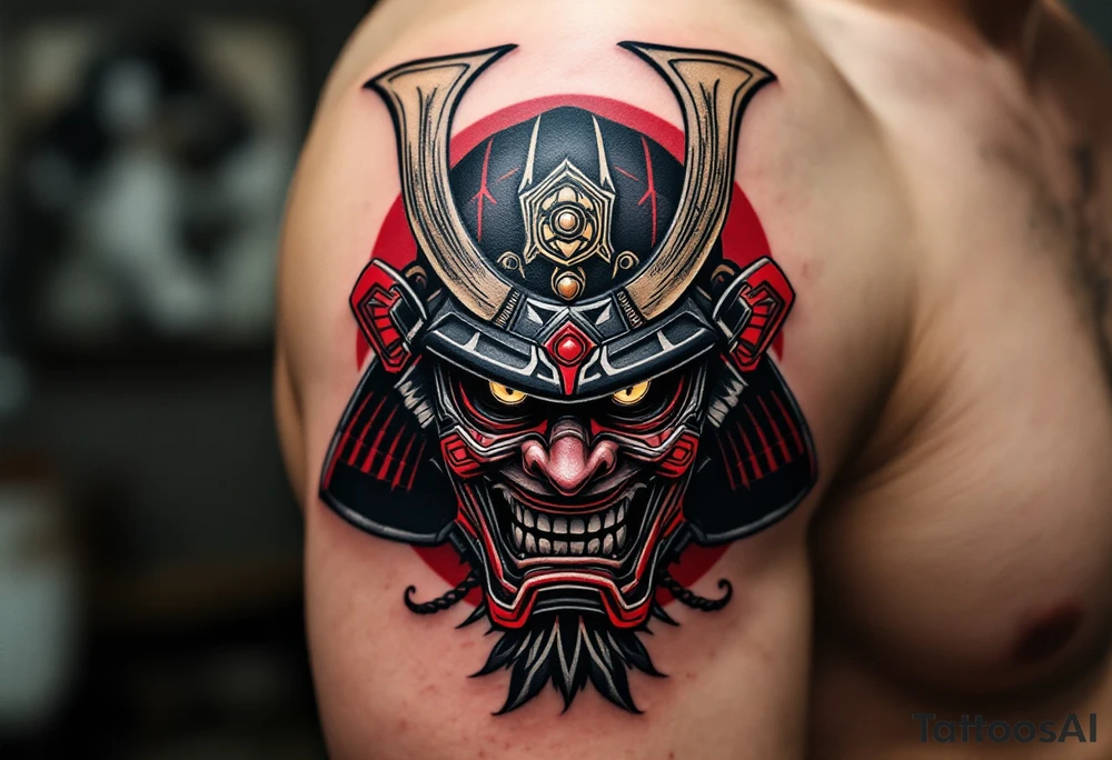 A traditional black and grey samurai mask (menpo) with red accents and fierce golden eyes. tattoo idea