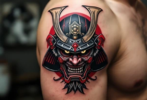 A traditional black and grey samurai mask (menpo) with red accents and fierce golden eyes. tattoo idea