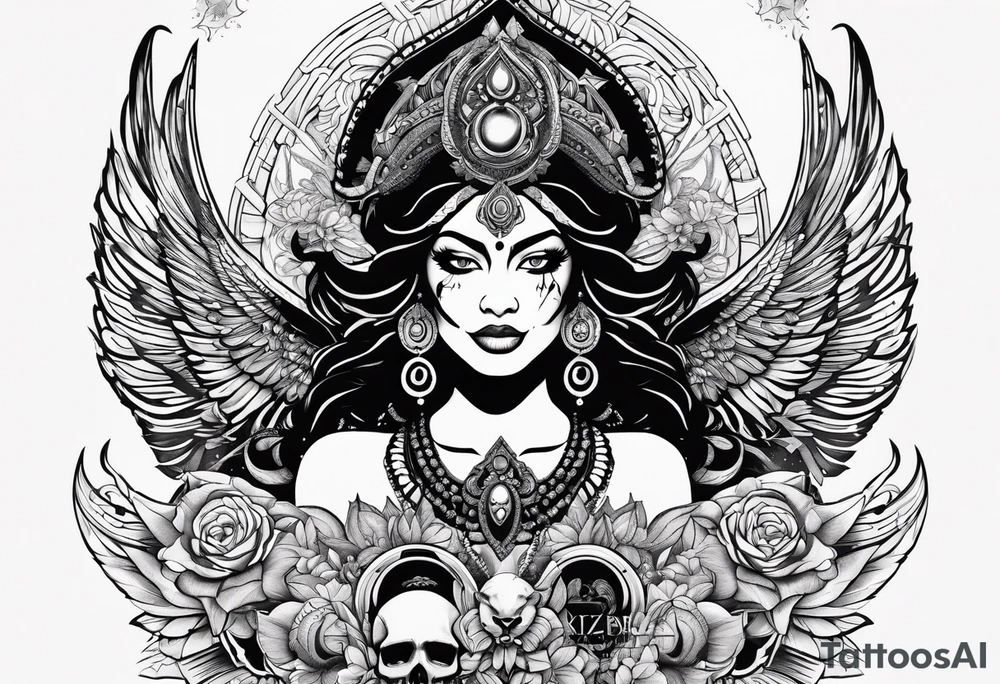 black kali, goddess pirate, alien, angel, pachamama, valkrye, warrior, flying, skull, lotus azul, wing, eagle, zenza resonance, stars, 5D, anahata chakra, death, durga, riding on a tiger, flying lady, kundalini, chest tatoo, rebel tattoo idea