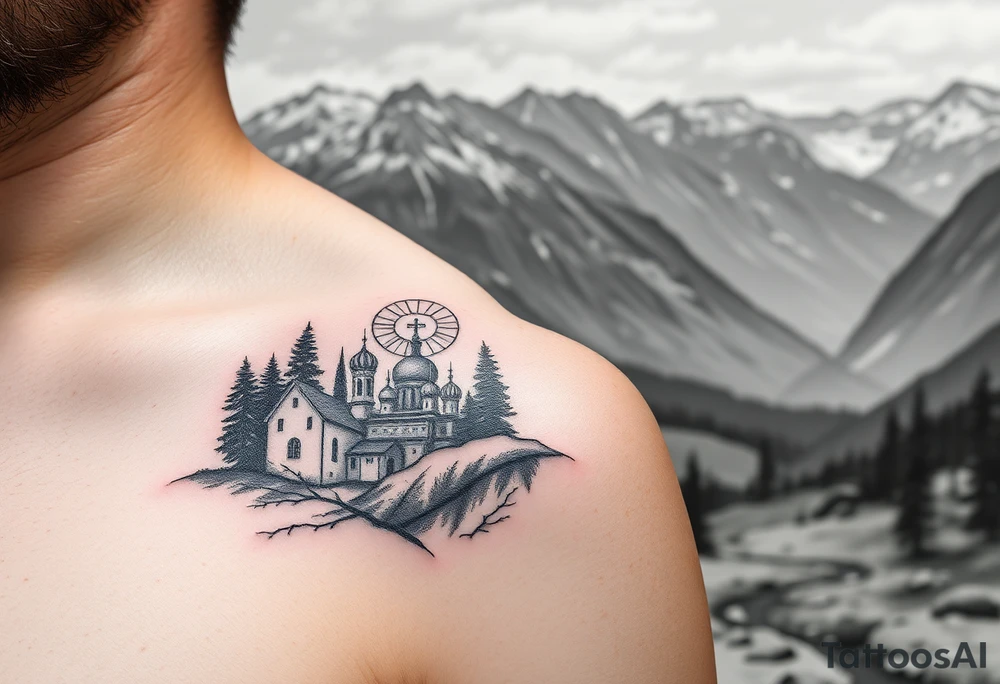 Mountainous valley with creek and a few trees with a Russian orthodox kazan scene covering my shoulder entering my upper arm with a Russian orthodox Virgin Mary tattoo idea