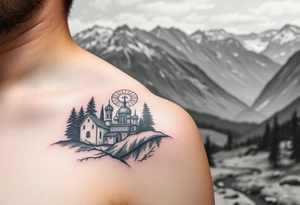 Mountainous valley with creek and a few trees with a Russian orthodox kazan scene covering my shoulder entering my upper arm with a Russian orthodox Virgin Mary tattoo idea