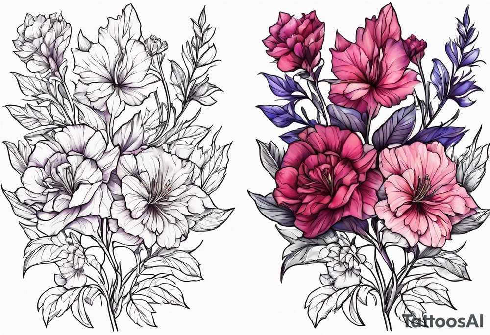 Larkspur flowers and carnation flowers in all color tattoo idea