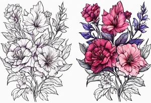 Larkspur flowers and carnation flowers in all color tattoo idea