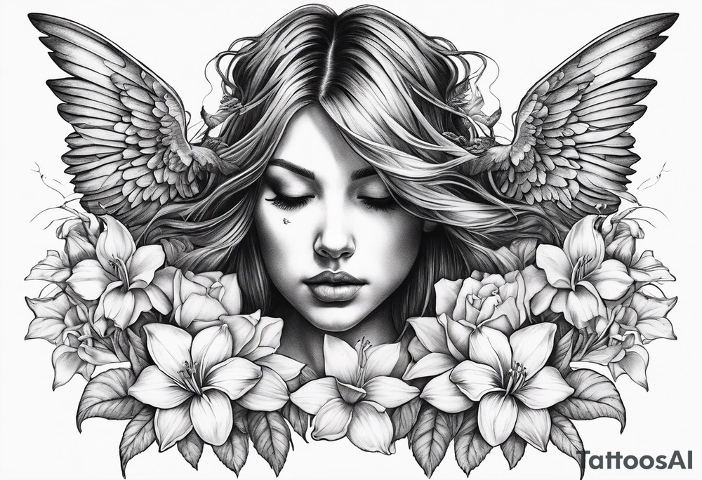 fallen angel with head down and face covered by her hair with sagging broken wings surrounded by lily, daffodil, rose, daisy, narcissus holding a hummingbird tattoo idea