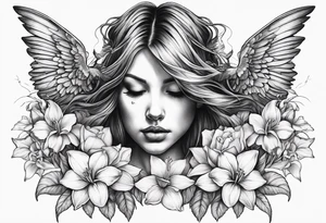 fallen angel with head down and face covered by her hair with sagging broken wings surrounded by lily, daffodil, rose, daisy, narcissus holding a hummingbird tattoo idea