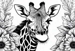 giraffe front view with sunflower and leafs tattoo idea