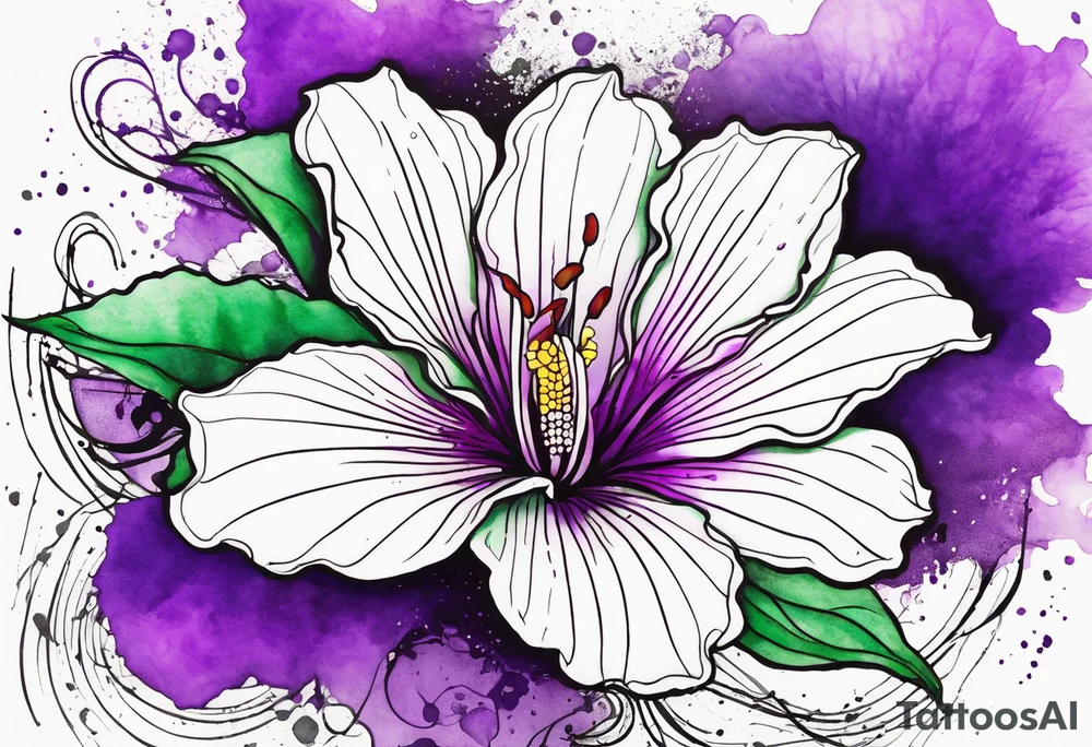 An outline of a rio dipladenia flower with a green/purple watercolor splash in the background tattoo idea