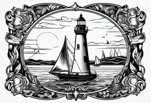 sailboat sail patched in such a way that it resembles a maritime lighthouse. tattoo idea