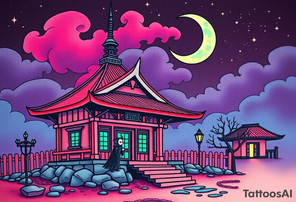 Tim Burton’s haunted pastel Tokyo shrine is abandoned except for one lone samurai ghost and dripping with muted reds, dusty pinks, and eerie green glow.purple and cyan smokey clouds swirl in the crescent moonlit sky thats sprinkled with stars tattoo idea tattoo idea