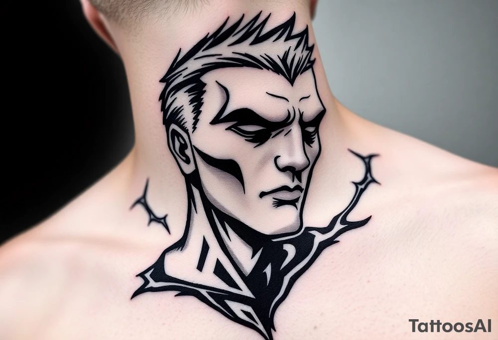 give me a full front neck tattoo of danny phantom in all black ink tattoo idea