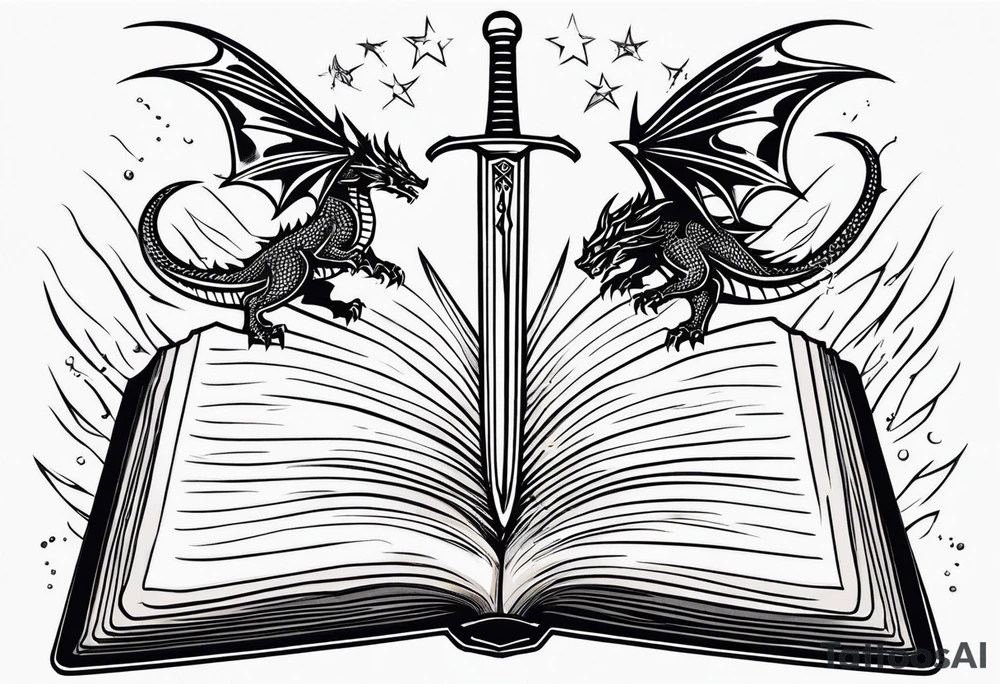 an empty open book with a sword through it, dragons and sparks surrounding the book. small design tattoo idea