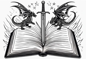 an empty open book with a sword through it, dragons and sparks surrounding the book. small design tattoo idea