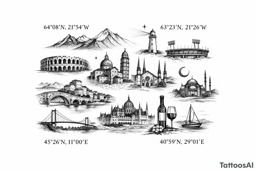 Iceland x3 (sindri, ibv, stjarnan)
Italy x2 (Verona, Sassuolo)
Spain (Logrono) 
Turkey x2 (Fenerbahce, Besiktas)
Hungary (Fradi)
France (Bordeaux) Something small that contains these countries or clubs no logos maybe coordinates tattoo idea